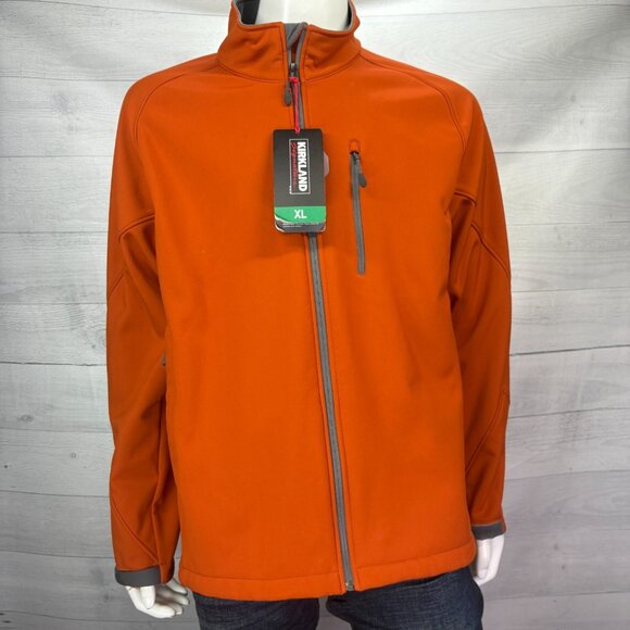NEW Kirkland Signature Mens XL Softshell Jacket Orange Zip Microfleece Lined - Picture 2 of 11